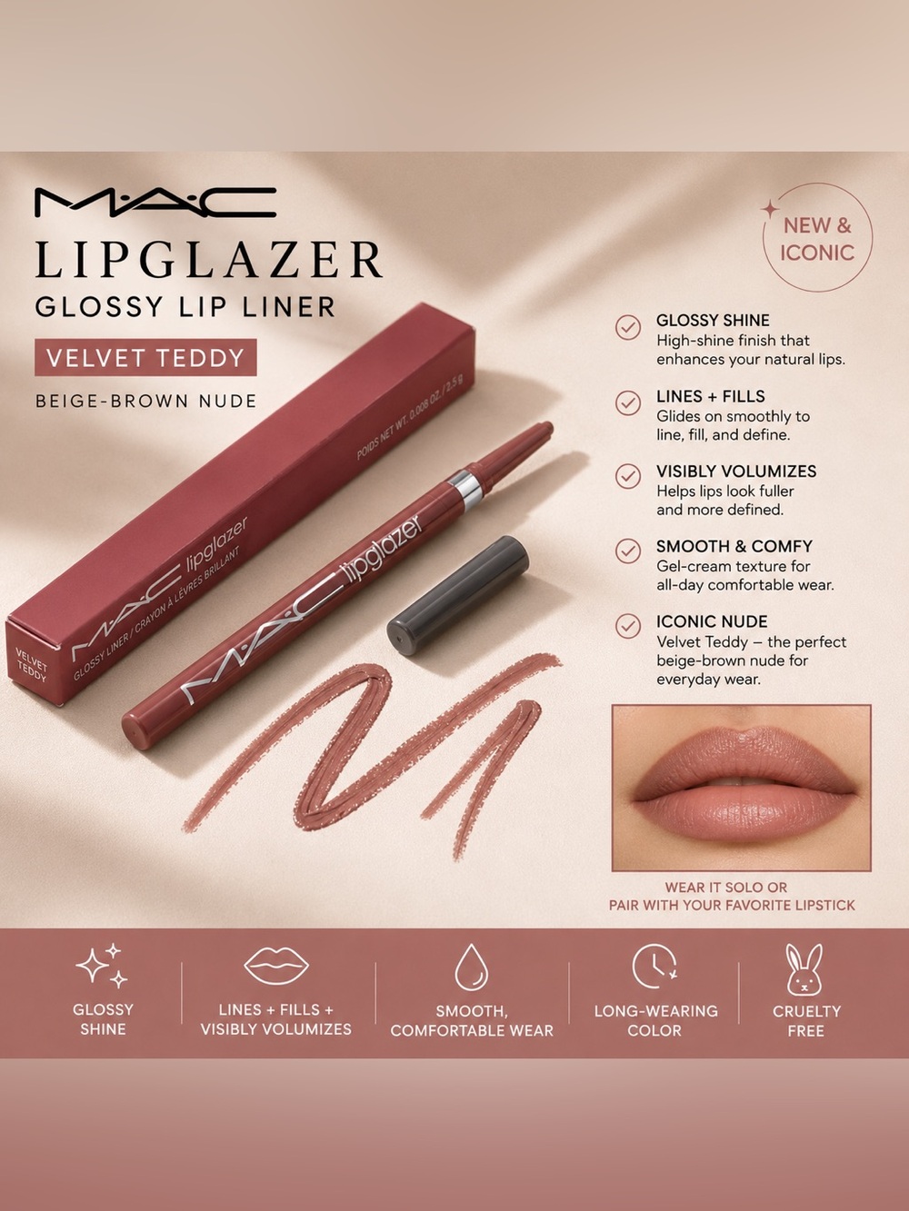 MAC Lipglazer Glossy Lip Liner Velvet Teddy NIB Full Size